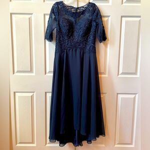 Dark Navy A-line Scoop Illusion Asymmetrical Lace Chiffon Dress Size 12 NWT